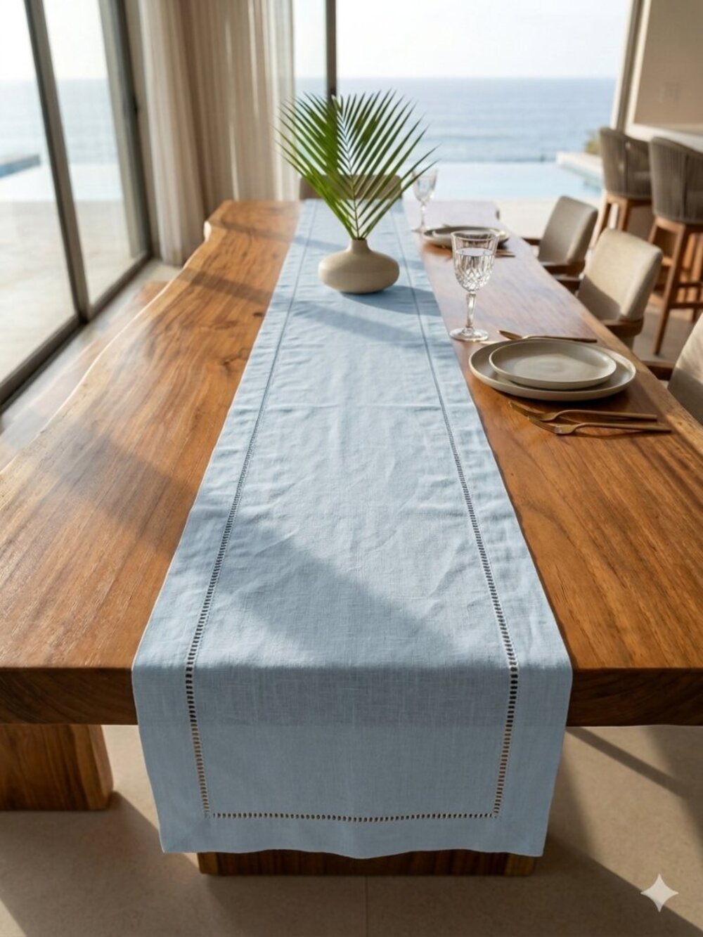 Classic Solid Light Blue Linen Blend Table Runner with Hemstitch Detailing